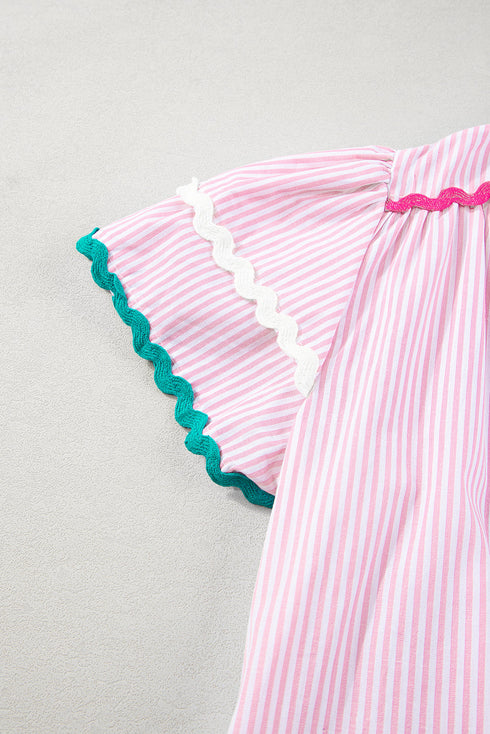Stripe Ricrac Trim Split Neck Striped Ruffled Sleeve Blouse